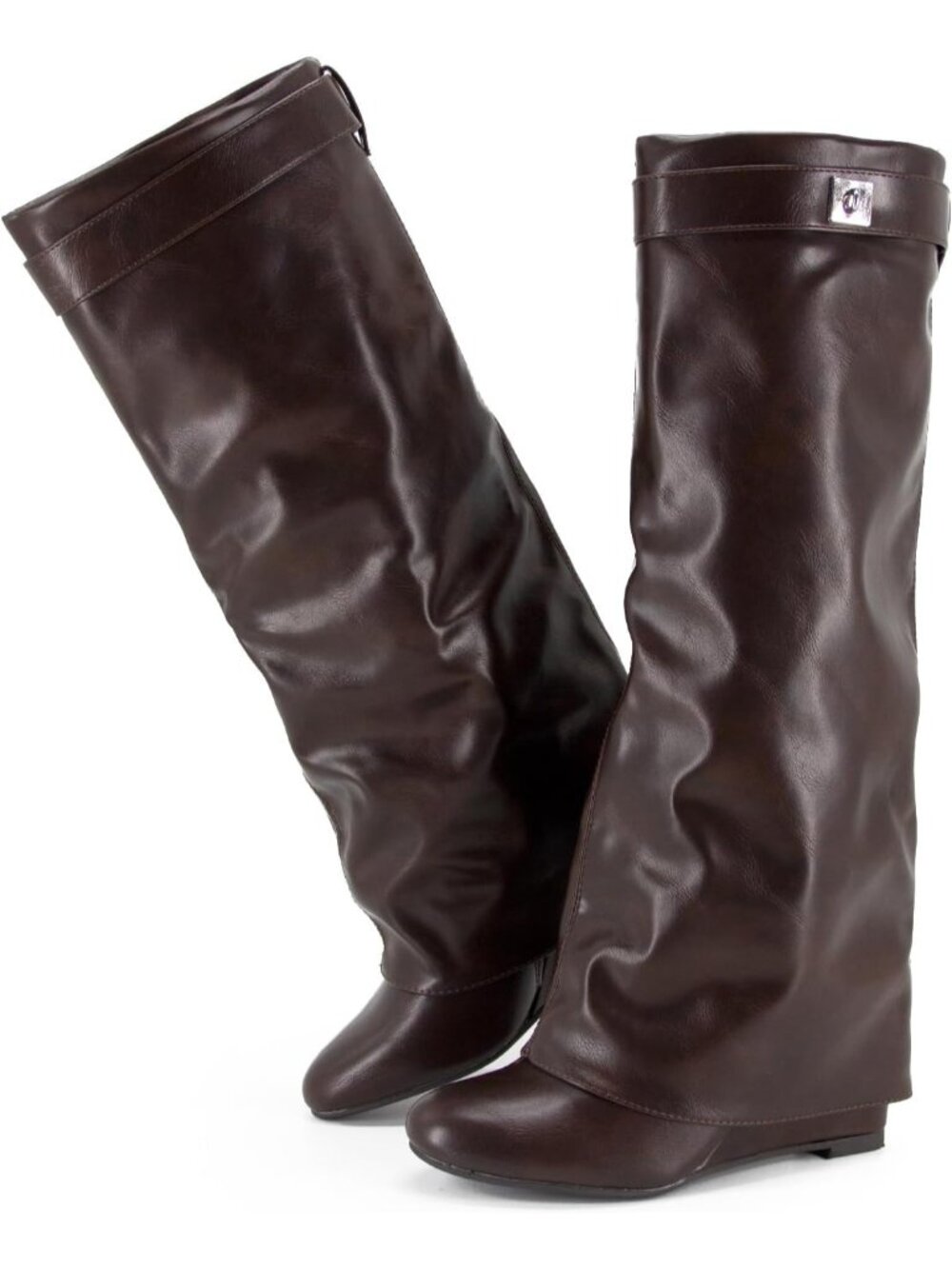 Women's Brown Pointed Toe Wedge Heel Comfortable Fold Over Knee High Shark Boots